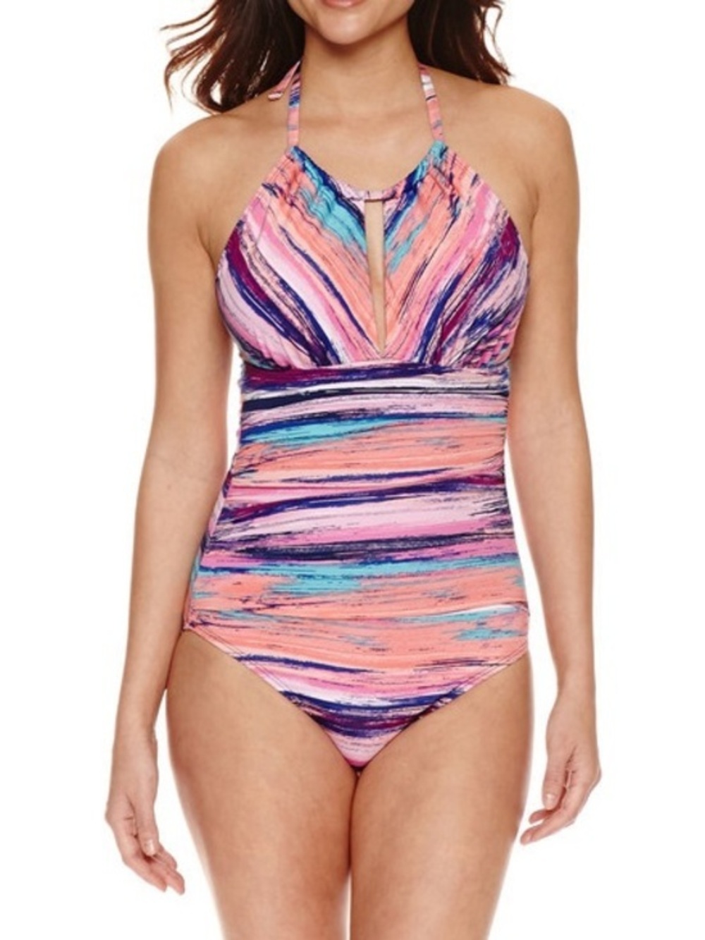 Liz Claiborne Pink Purple Halter Keyhole One Piece Stripe Swimsuit size 10 MED
